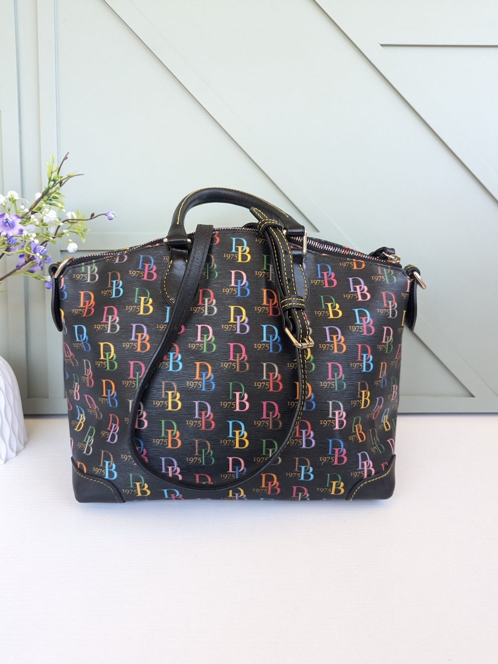 Dooney & Bourke Black Multicolor Logo Satchel - Picture 6 of 14